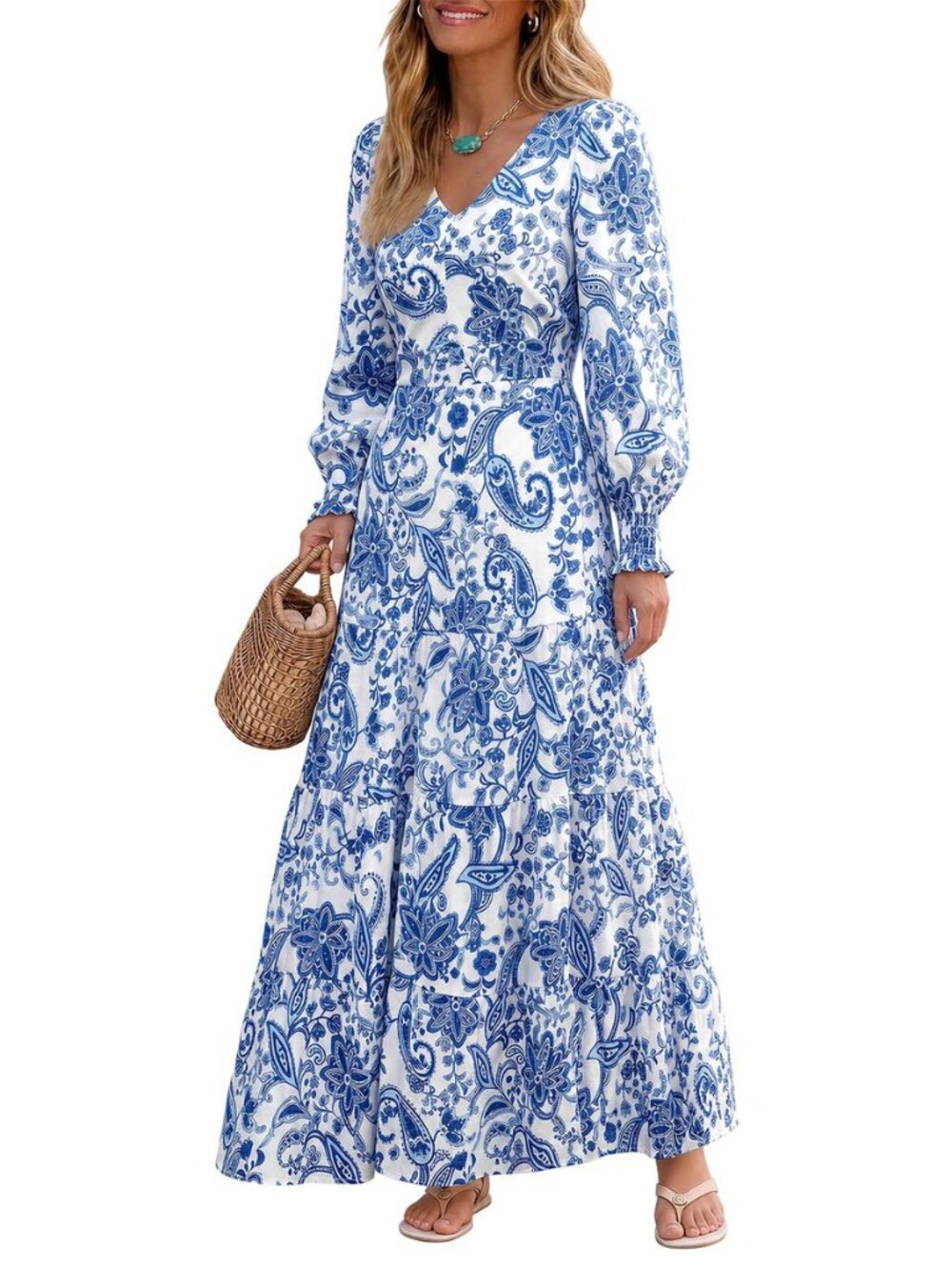 Womens Long Sleeve Gingham Striped Flowy A-Line Fall Maxi Dress